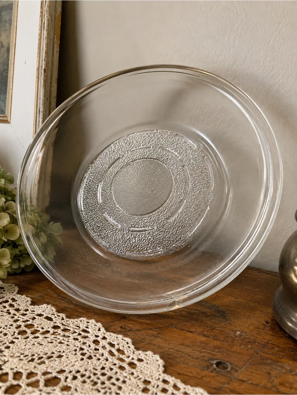 Vintage PYREX Clear Glass Pie Plate Baking Dish Raised Logo USA - Rim Chip